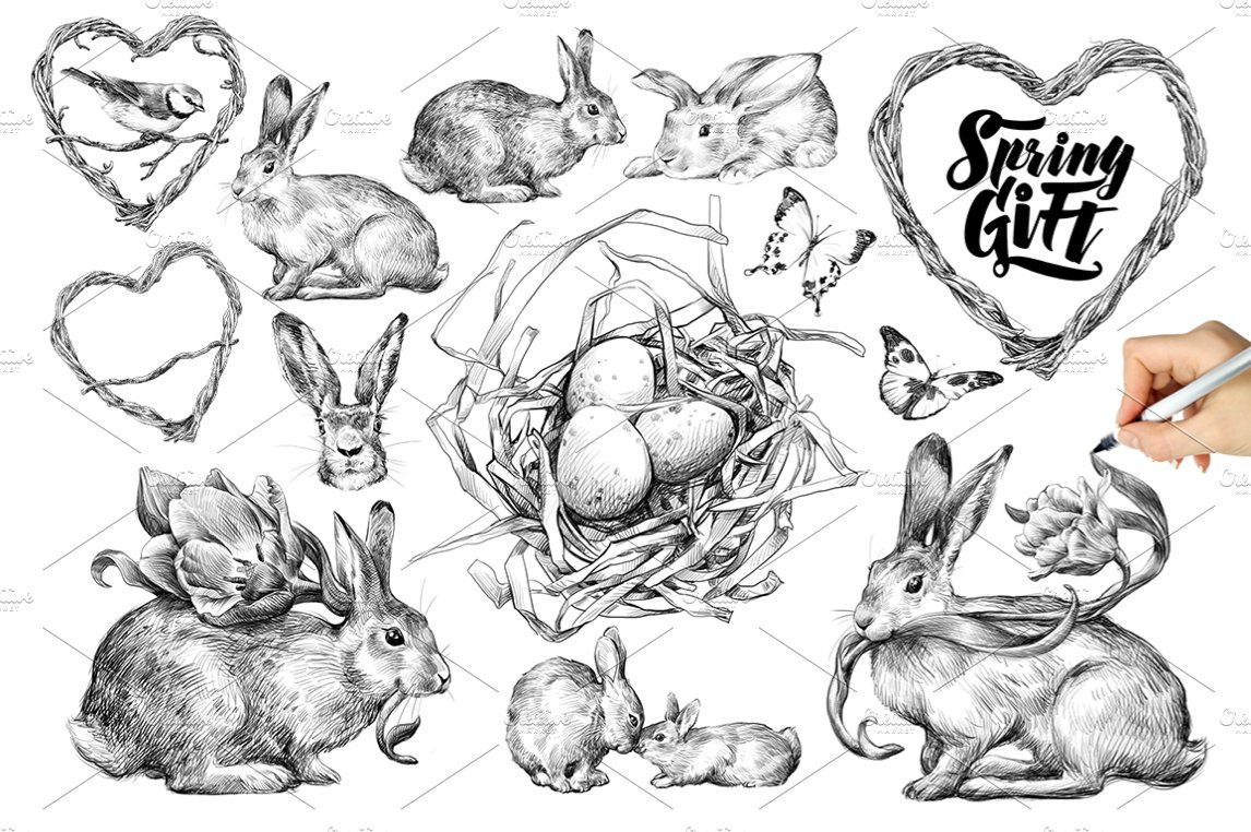 A set of black illustrations of easter rabbit, eggs and butterflies and black lettering "Spring gift" on a white background.