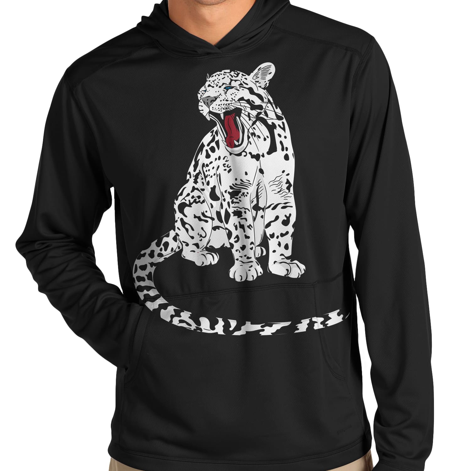 Man wearing a black hoodie with a white leopard on it.