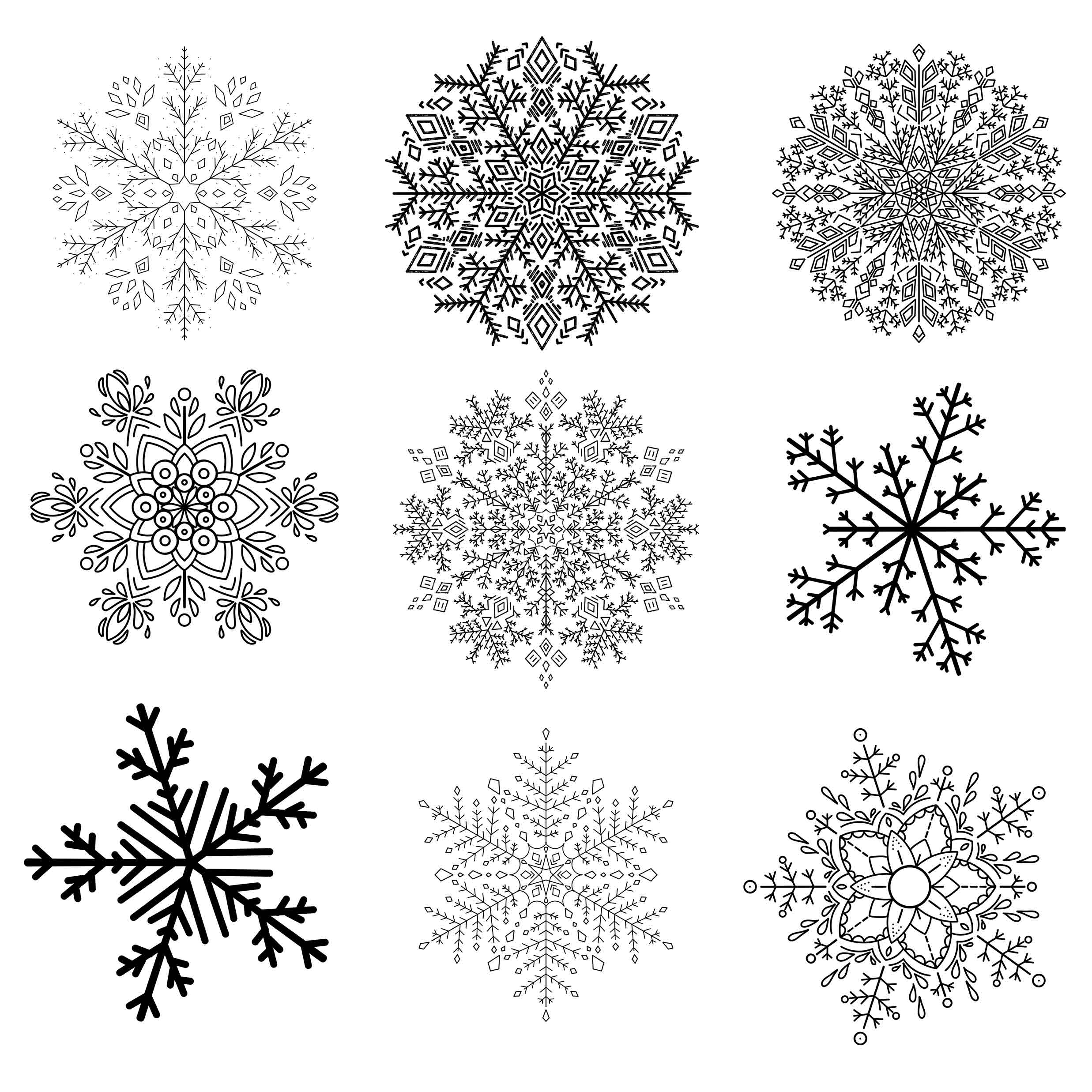 Big diversity of snowflake graphics.