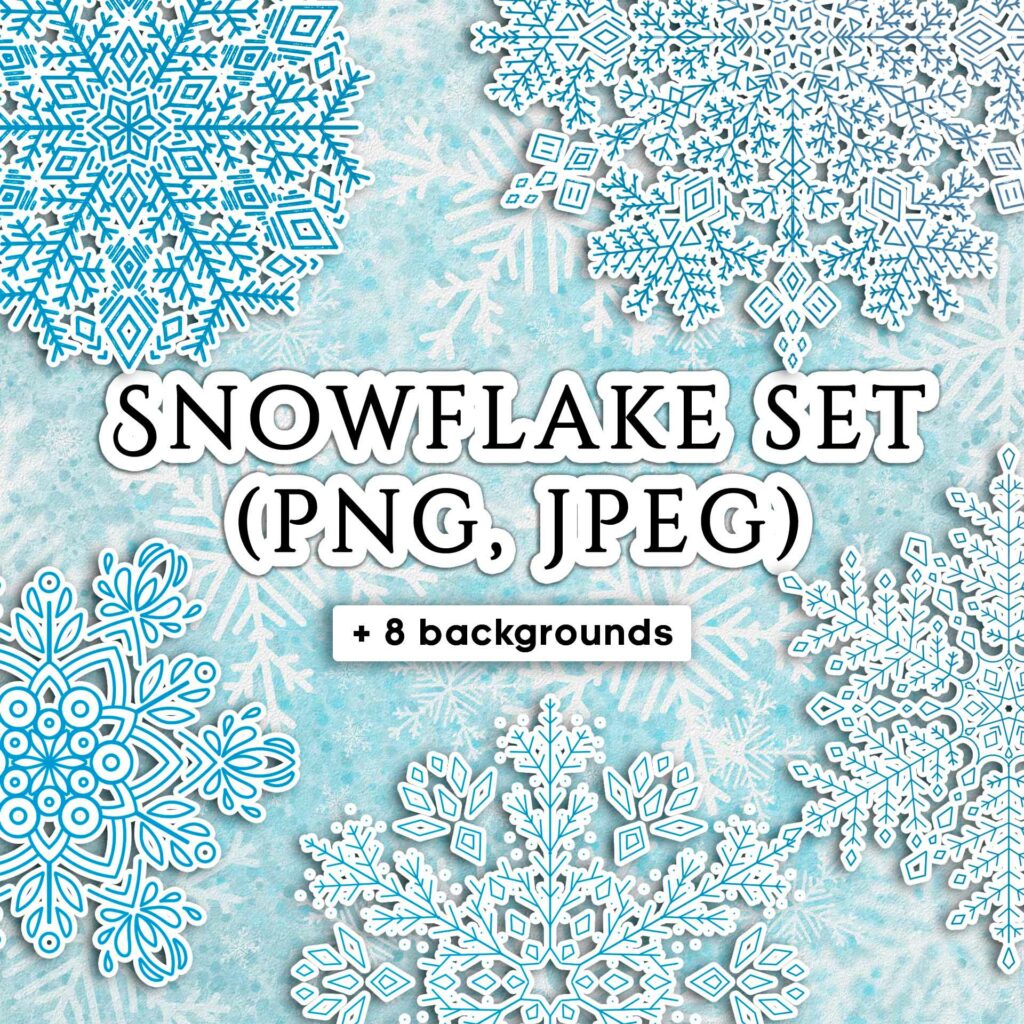 Snowflake set + 8 backgrounds PNG, JPG - MasterBundles