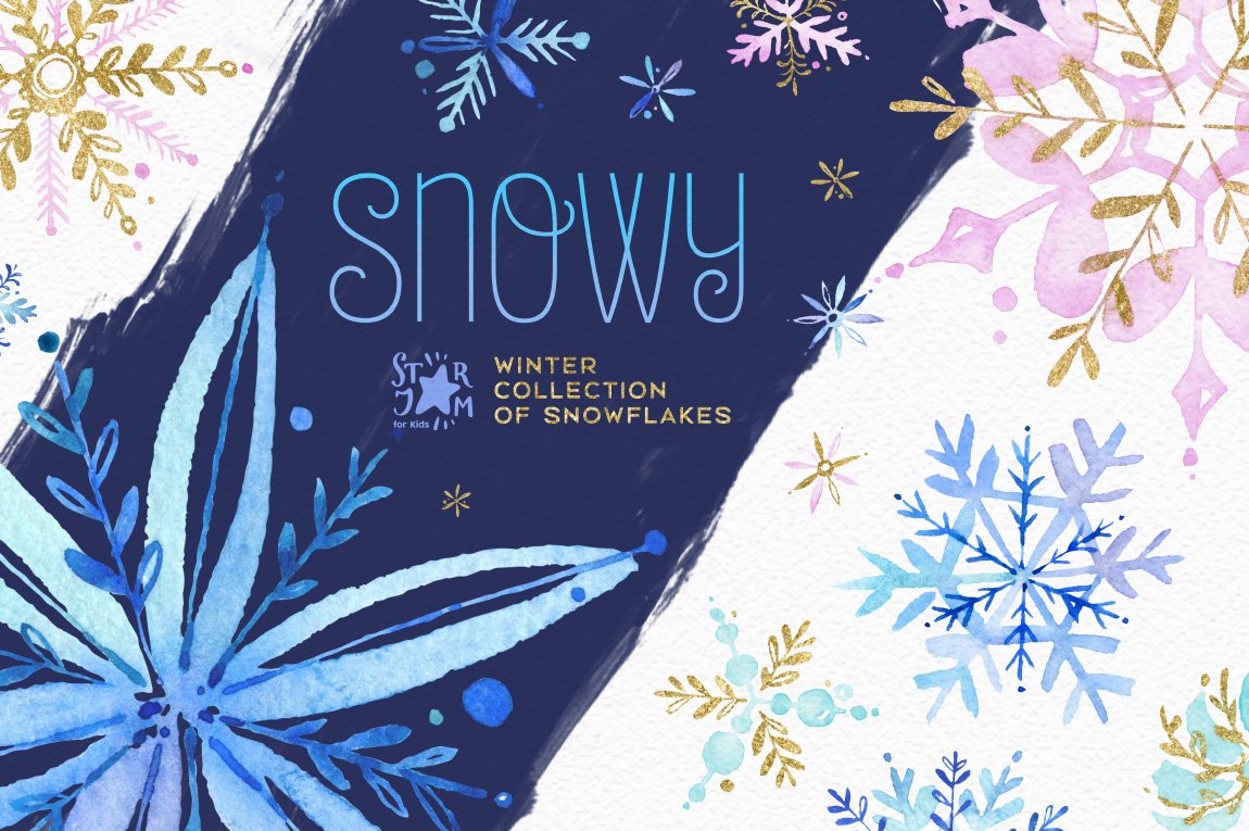Light blue lettering "Snowy" and different snowflakes in light blue, blue, golden and pink.