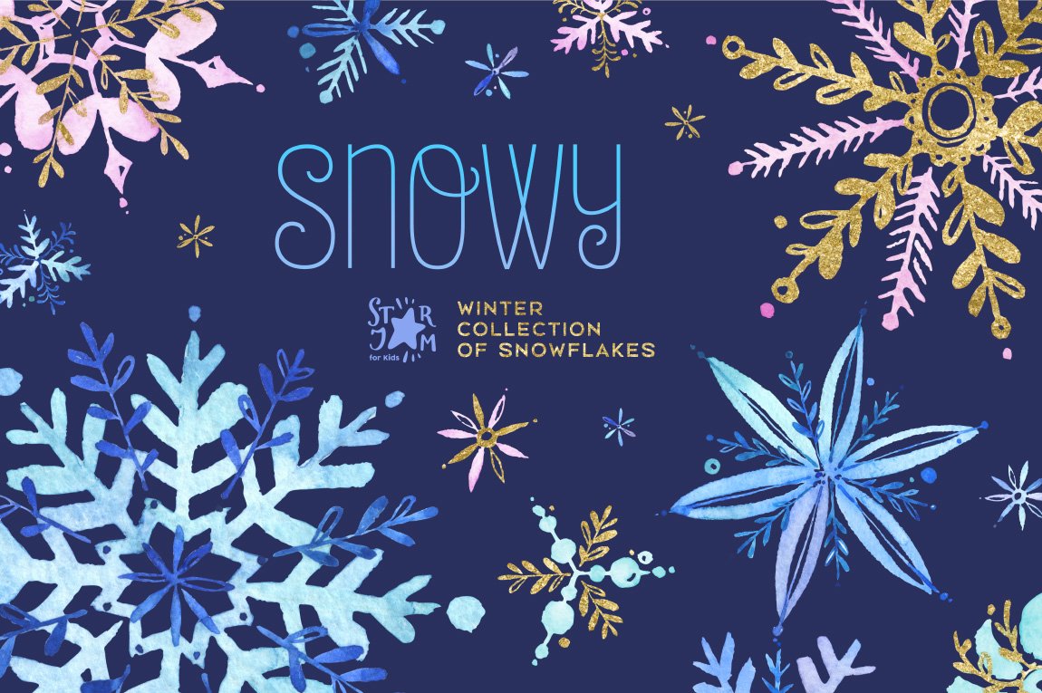 Light blue lettering "Snowy" and different snowflakes in light blue, blue, golden and pink on a dark blue background.