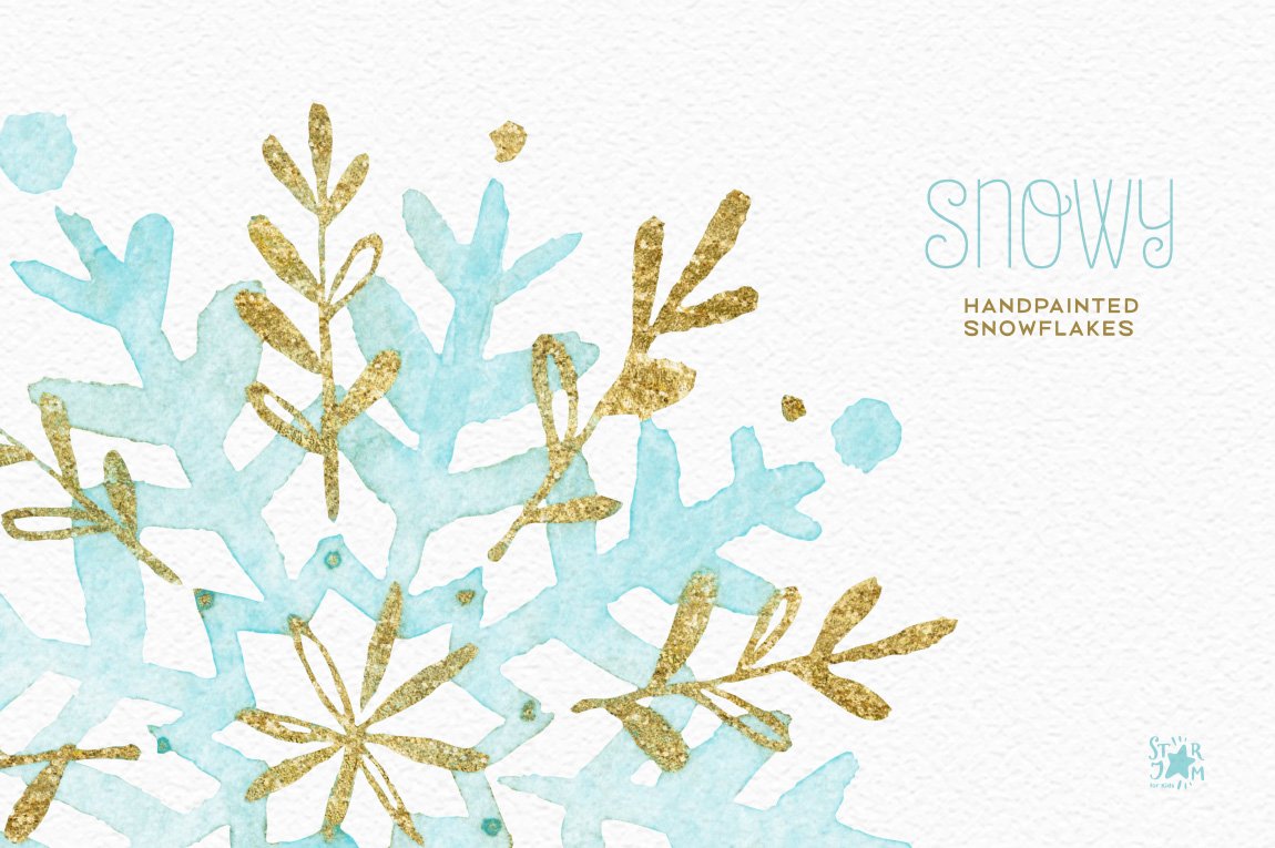 Light blue lettering "Snowy" and snowflake in light blue and golden on a gray background.