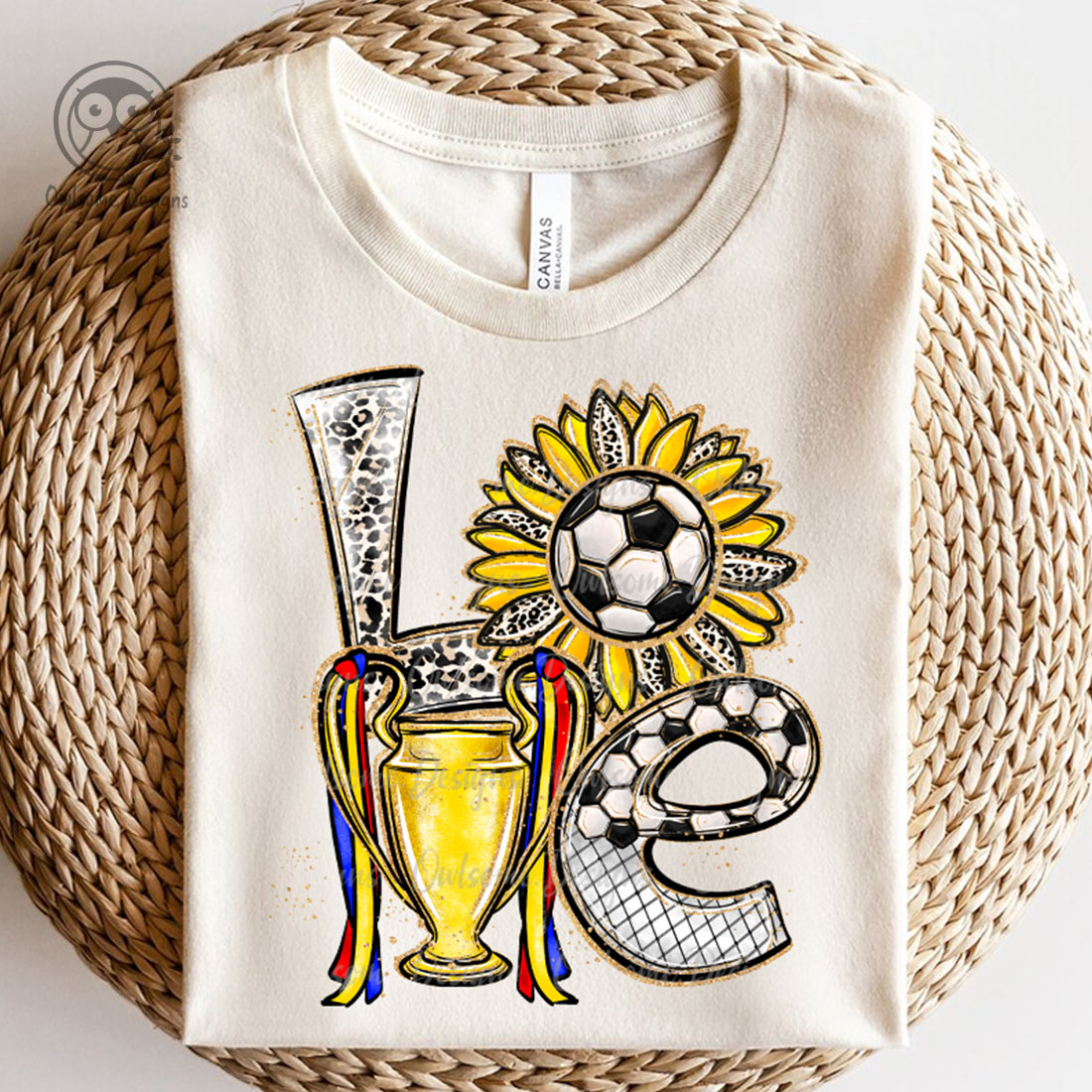 The image of a T-shirt with an enchanting inscription Love with soccer elements.