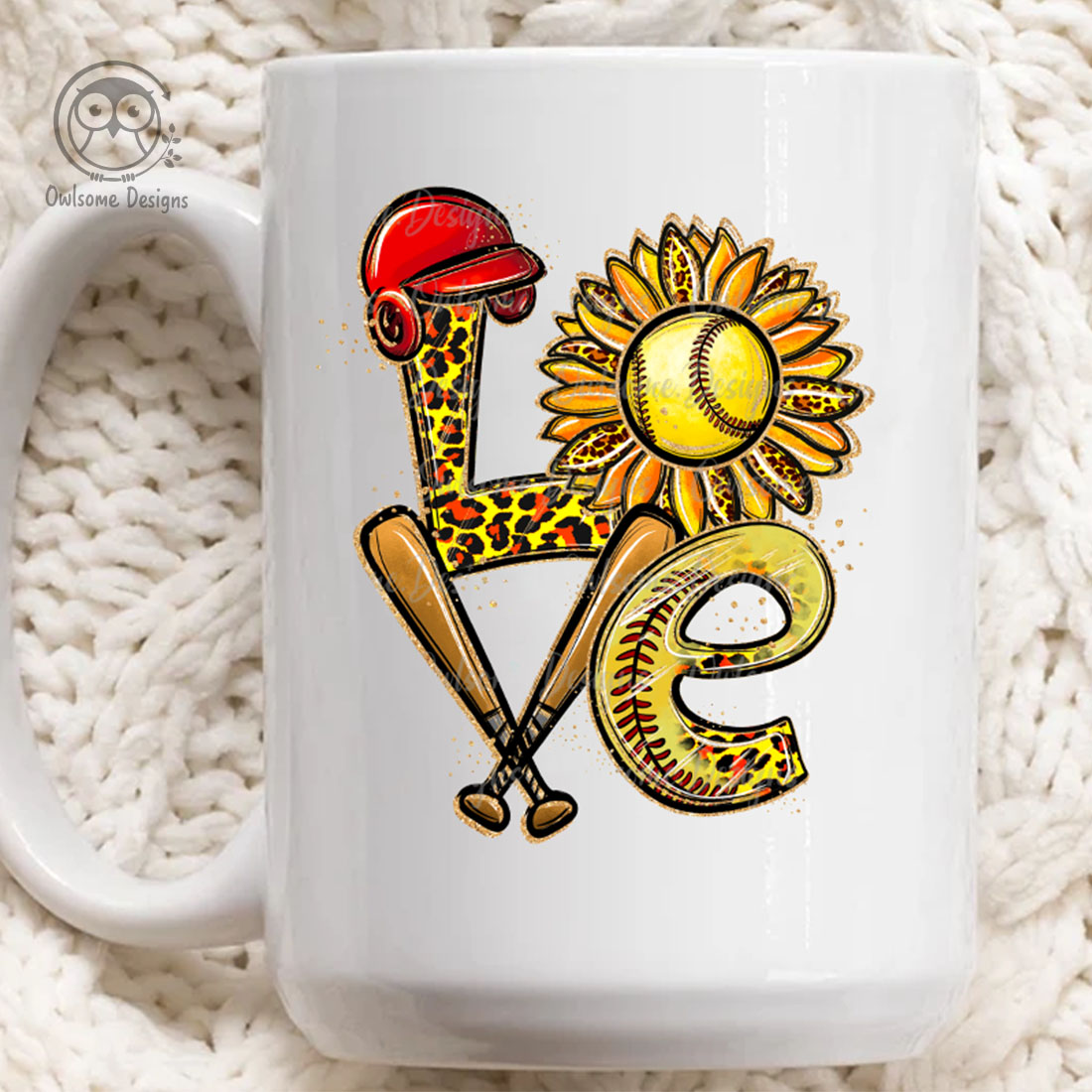 Image of a white cup with a unique inscription Love with softball elements.