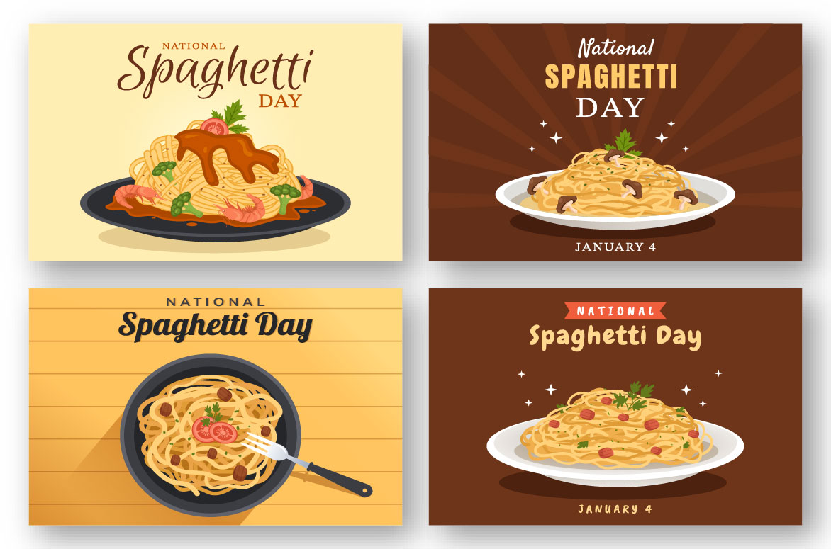 Big diversity of 14 National Spaghetti Day Illustration.