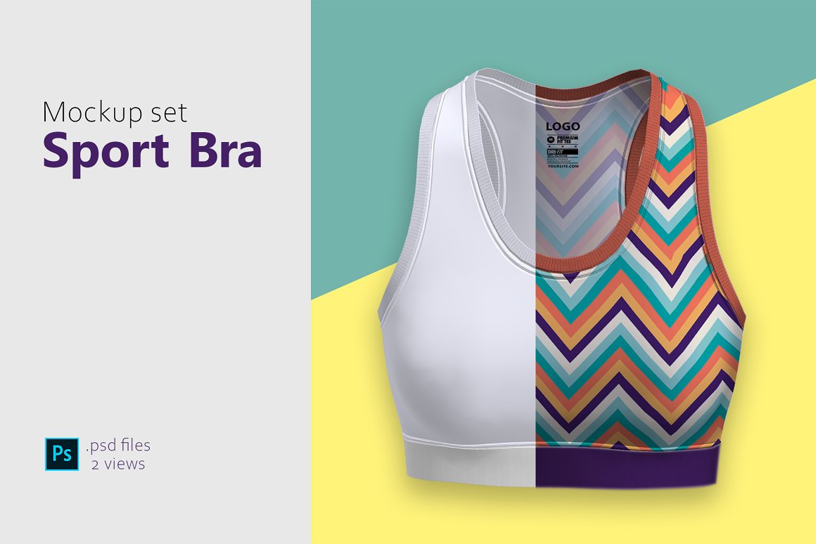 Purple lettering "Mockup Set Sport Bra" on a gray background and white sport bra with example of colorful print on a blue and yellow background.