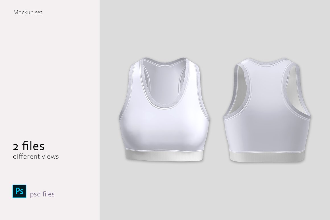 A set of 2 different white sport bra mockups in the front and in the back on a light gray background.