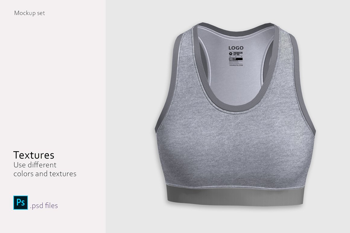 A gray sport bra mockup in the front on a light gray background.