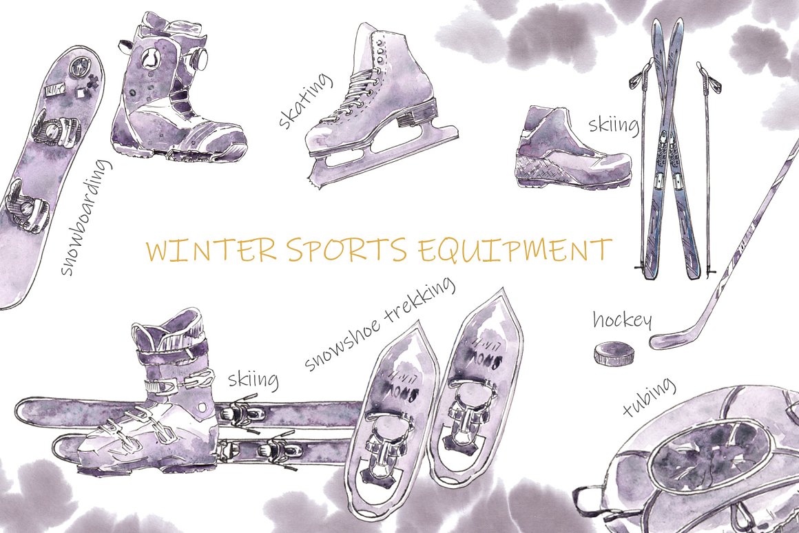 Golden lettering "Winter Sports Equipment" and different sports elements on a white background.