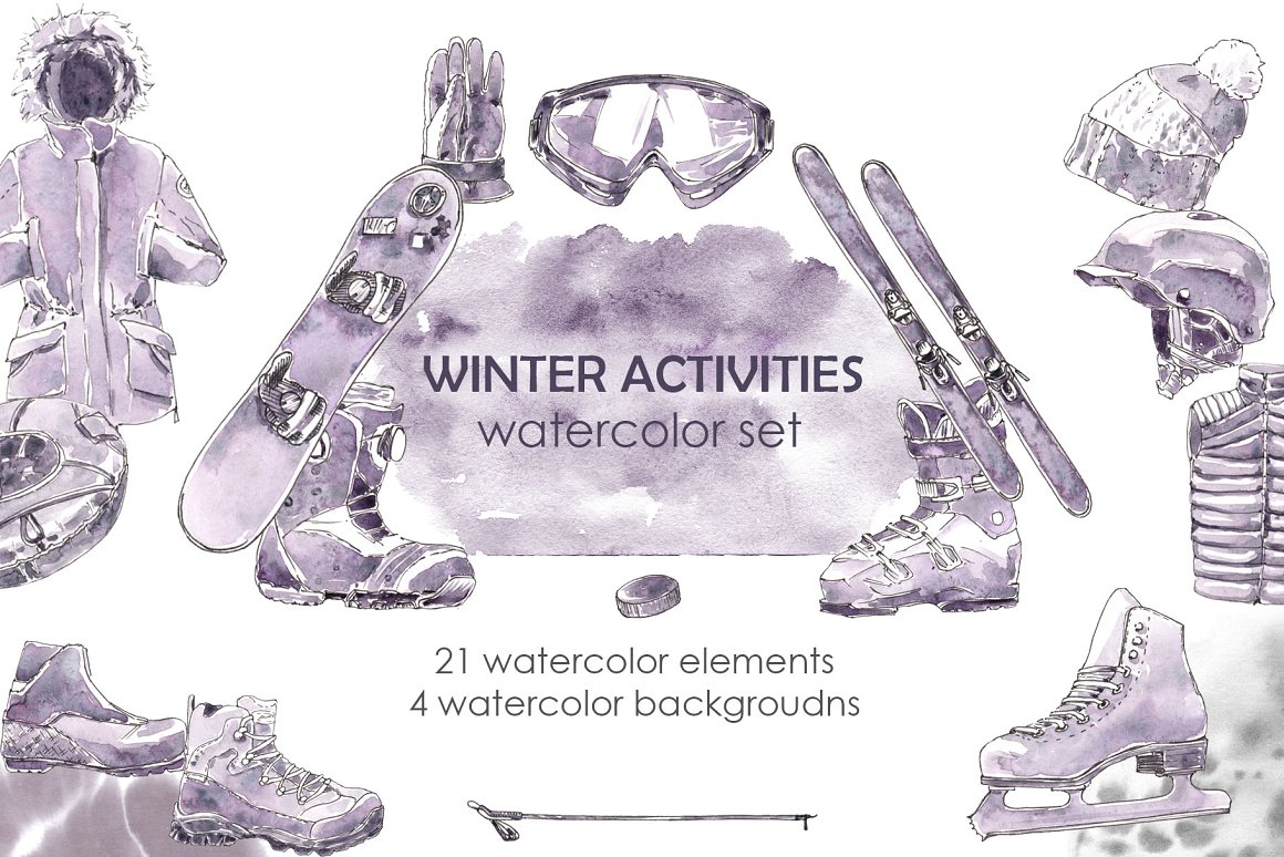 Dark gray lettering "Winter Activities Watercolor Set" and different sport illustrations on a white background.