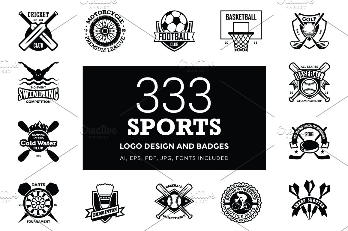 White lettering "333 Sports Logo Designs And Badges" on a black background and different black icons on a white background.