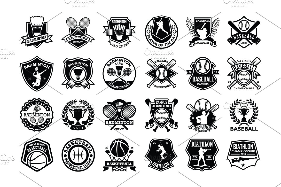 A set of 24 different black hockey logo on a white background.