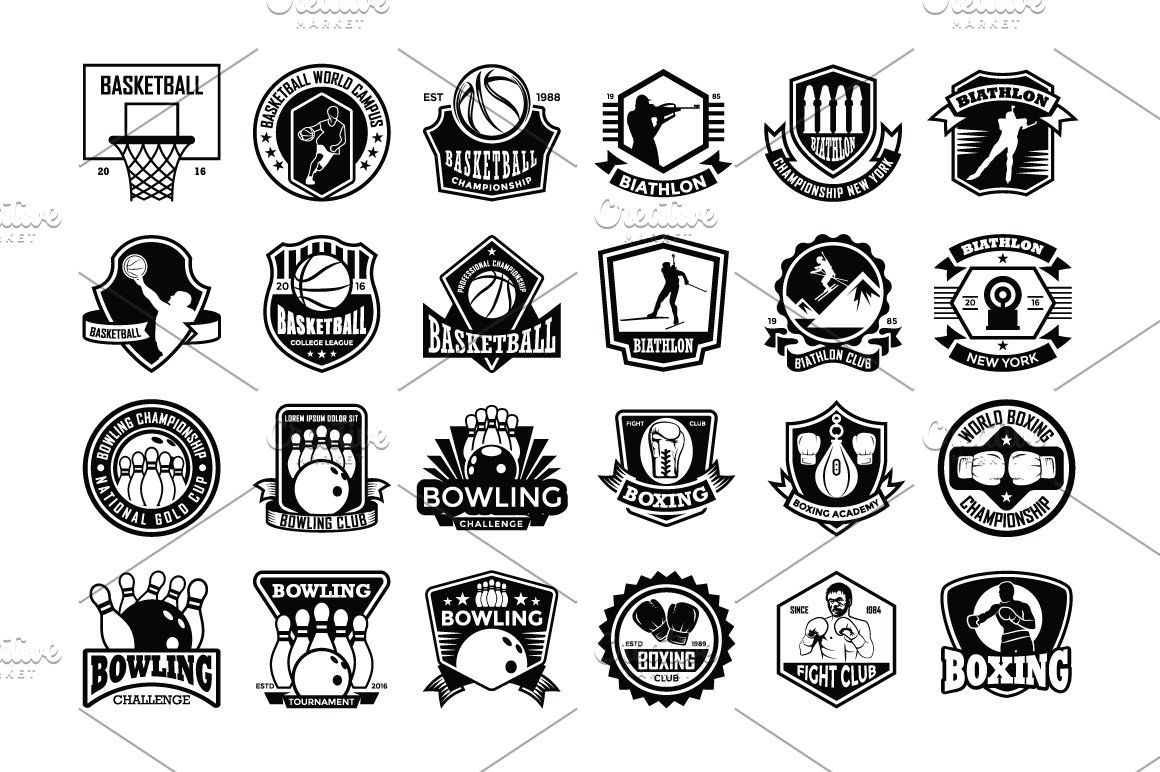 24 black sports logo designs on a white background.