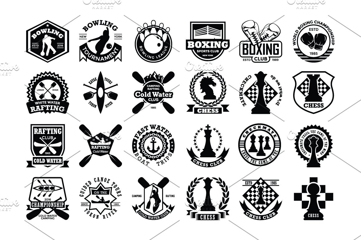 Black collection of 24 different sports logo of hockey.