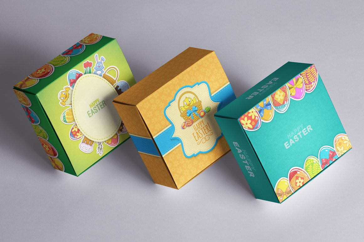 3 decorative boxes in green, orange and turquoise with easter illustrations.