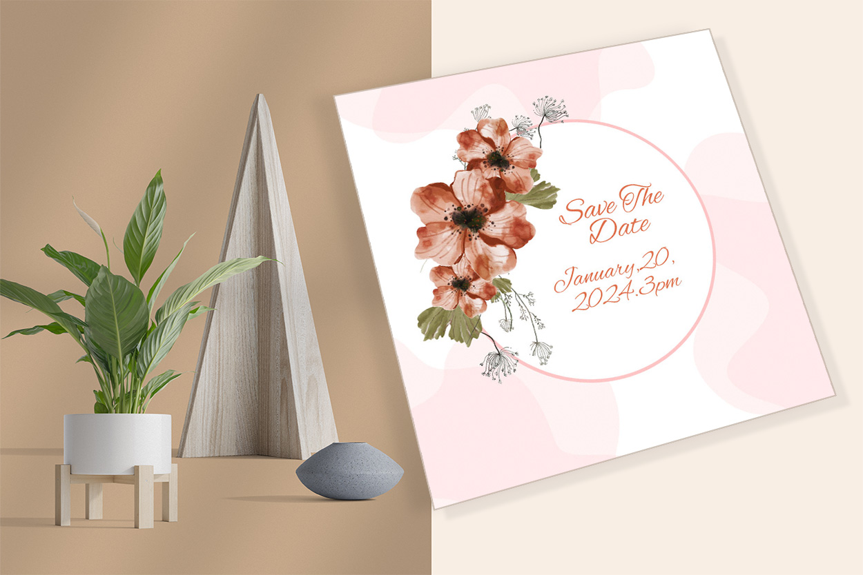 Fashion Flowers with Leaves Wedding Invitations mockup example preview.