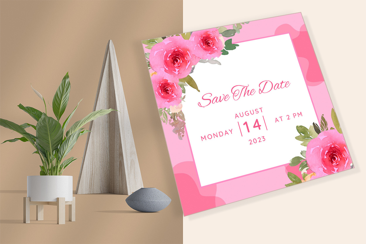 Greeting Wedding Card with Pink Color Flowers Save the Date preview.