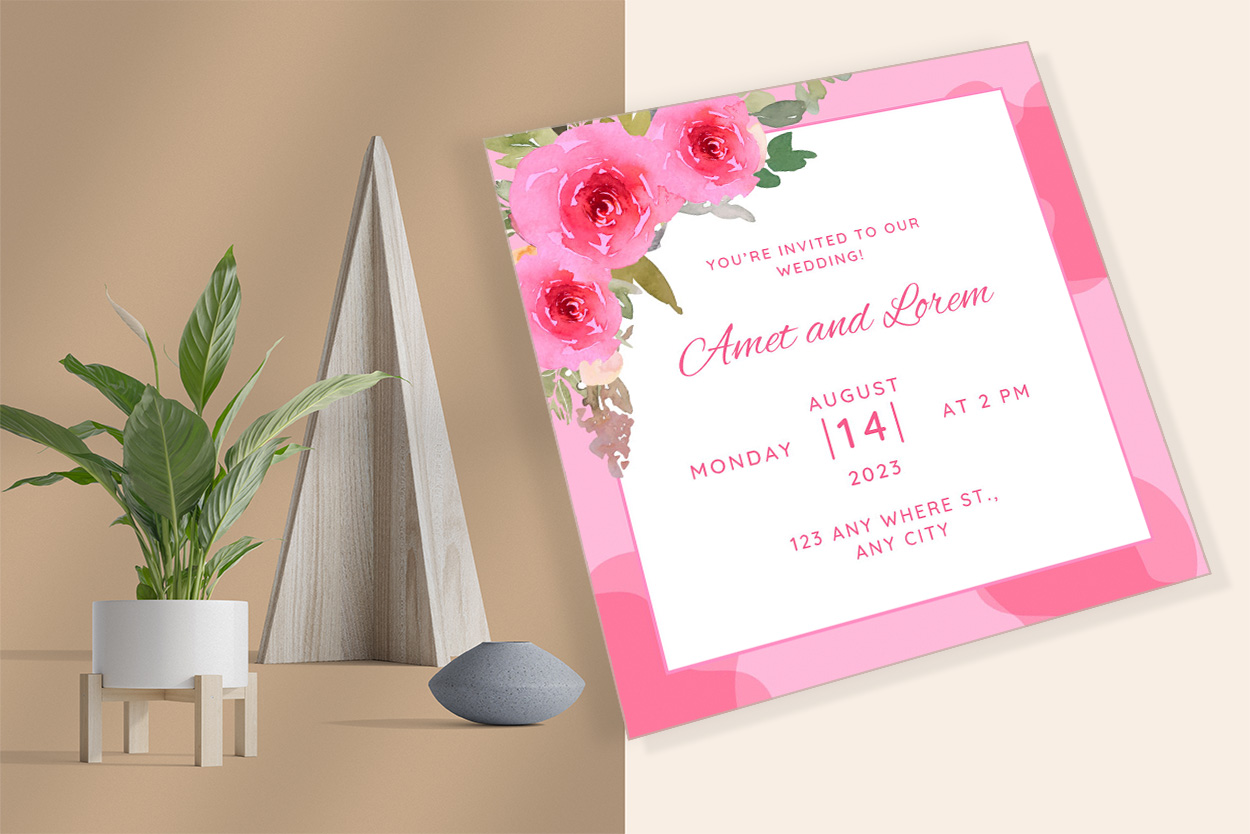 Greeting Wedding Card with Pink Color Flowers for your ivents.