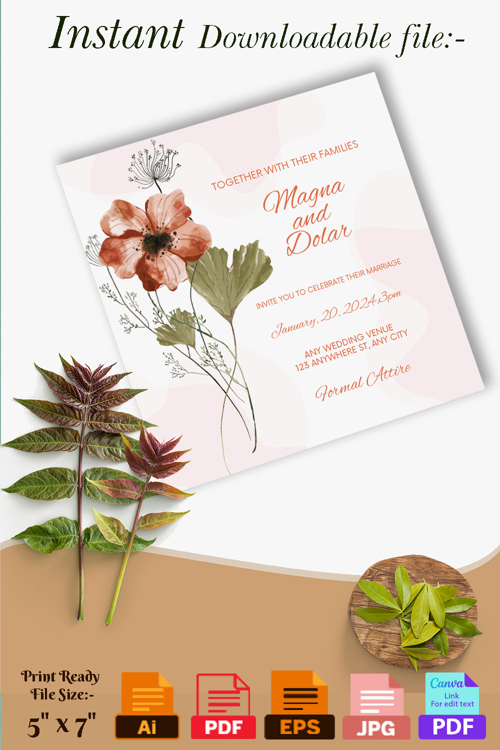 Fashion Flowers with Leaves Wedding Invitations Pinterest collage image.