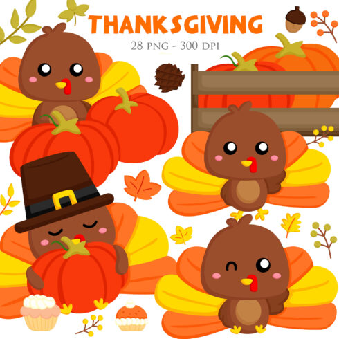 Thanksgiving Cute Holiday Turkey Illustrations - main image preview.