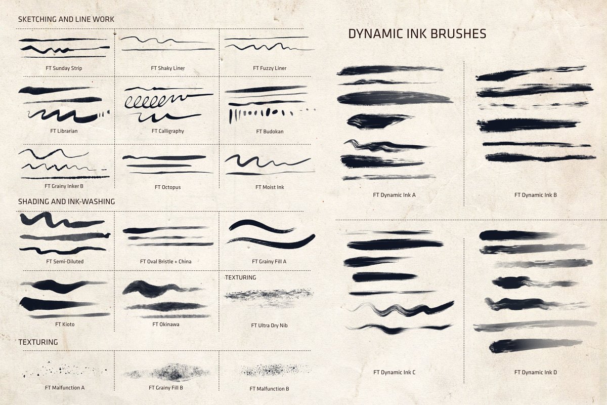 Big diversity of dynamic ink brushes.