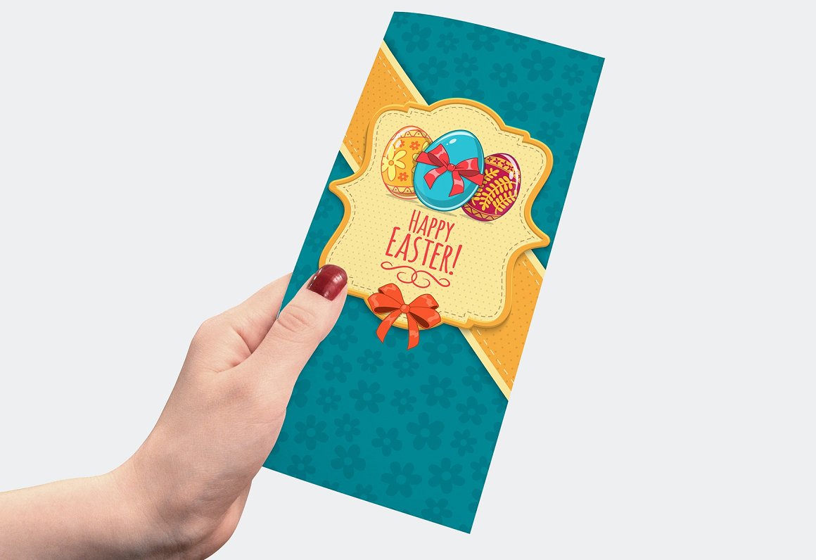 Turquoise greeting card with lettering "Happy easter!" and illustration of easter eggs.