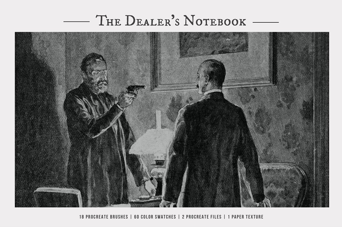 Black lettering "The Dealer's Notebook" and black and white illustration on a gray background.