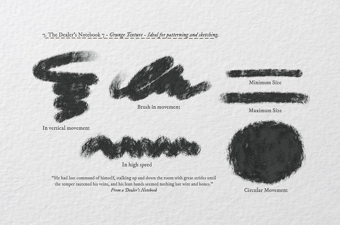 6 various black procreate brushes on a gray background.