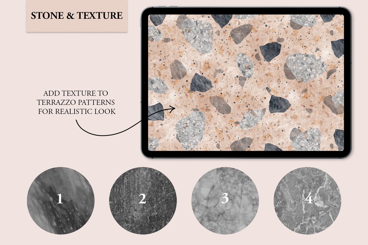 Add texture to terrazzo patterns for realistic look.