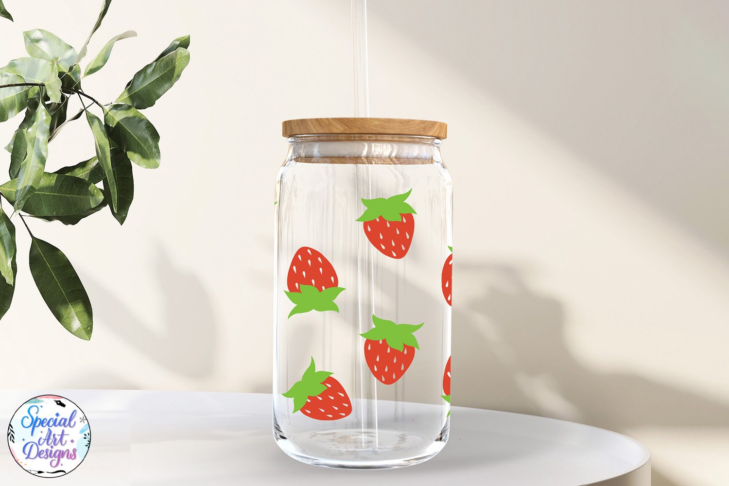 Minimalistic strawberry illustration on a transparent bottle.