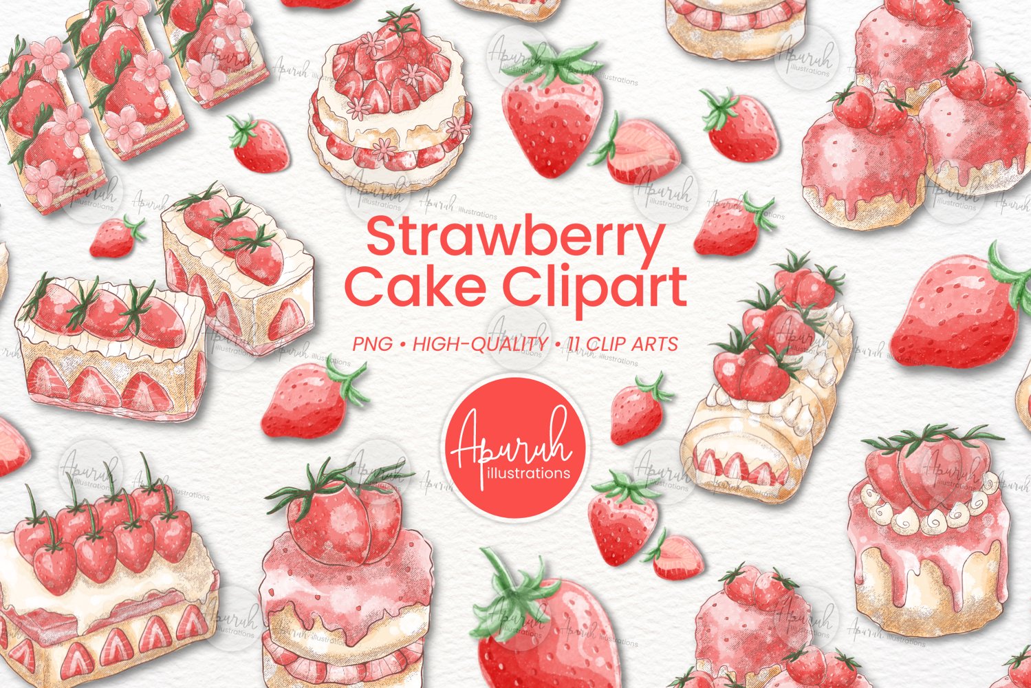 Cover image of Strawberry Watercolor Cake Clipart Sublimation.