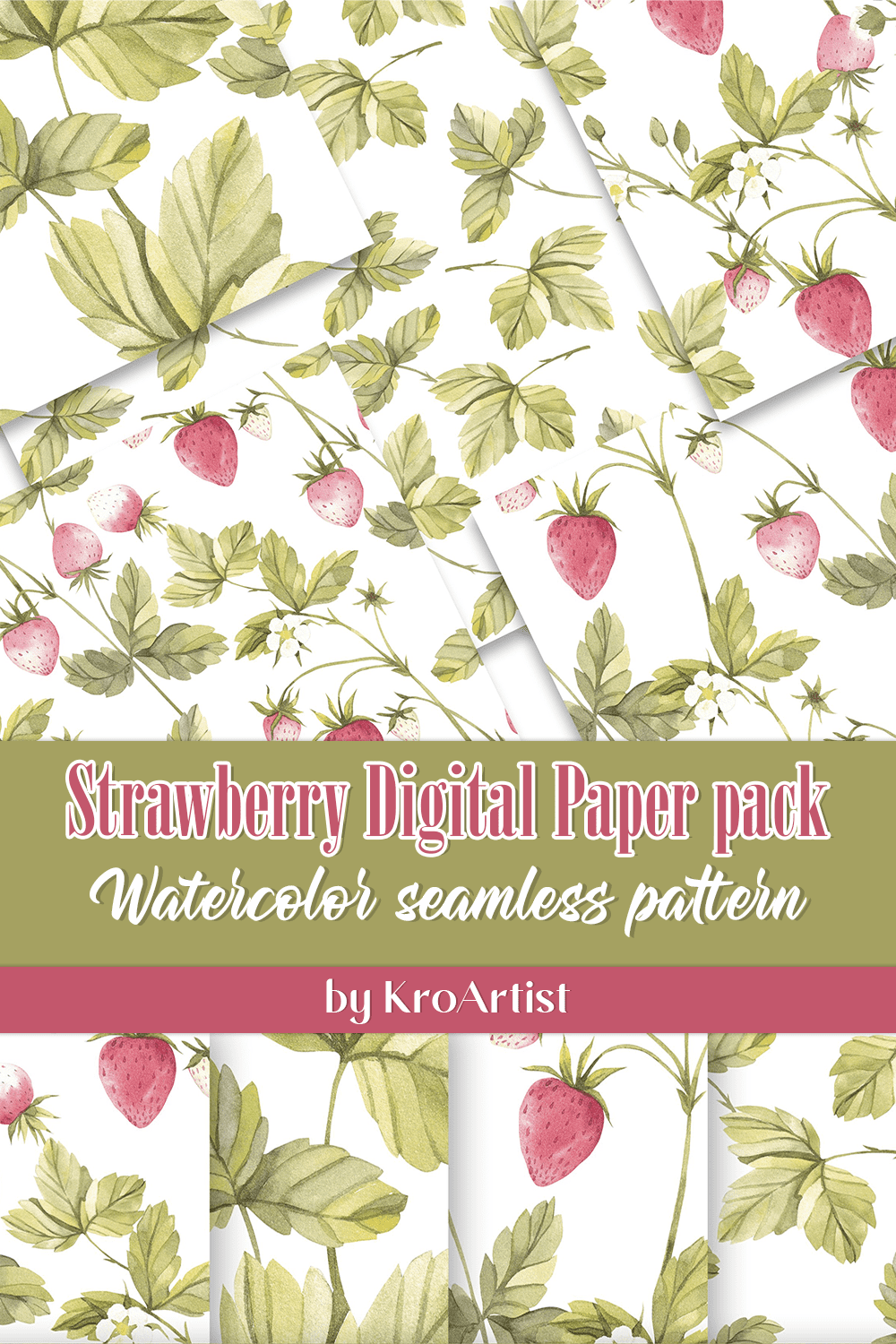 Strawberry Digital Paper Pack - pinterest image preview.