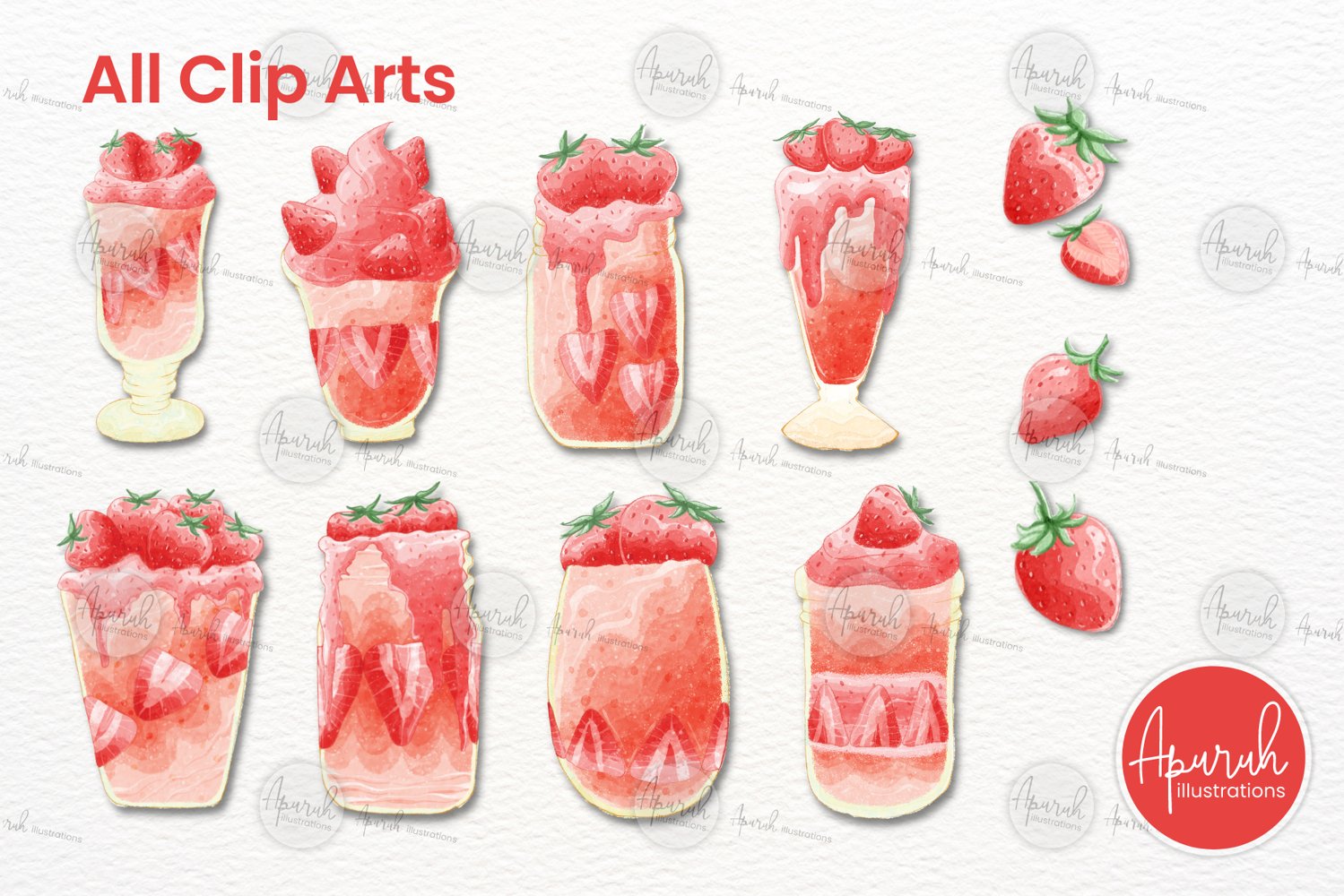 Strawberry Flavor Smoothies Summer Drinks Clipart in Watercolor Style.