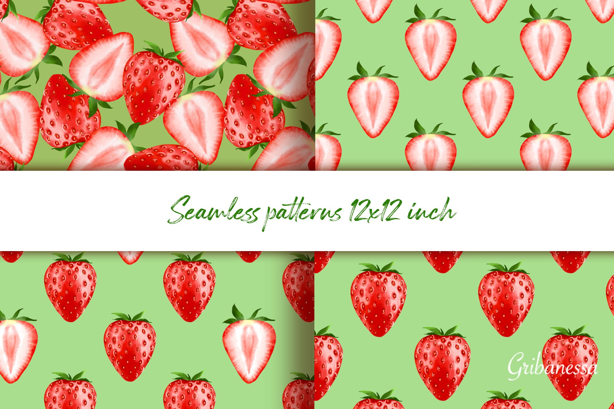 Green lettering "Seamless Patterns 12x12 inch" and 4 different strawberry patterns.