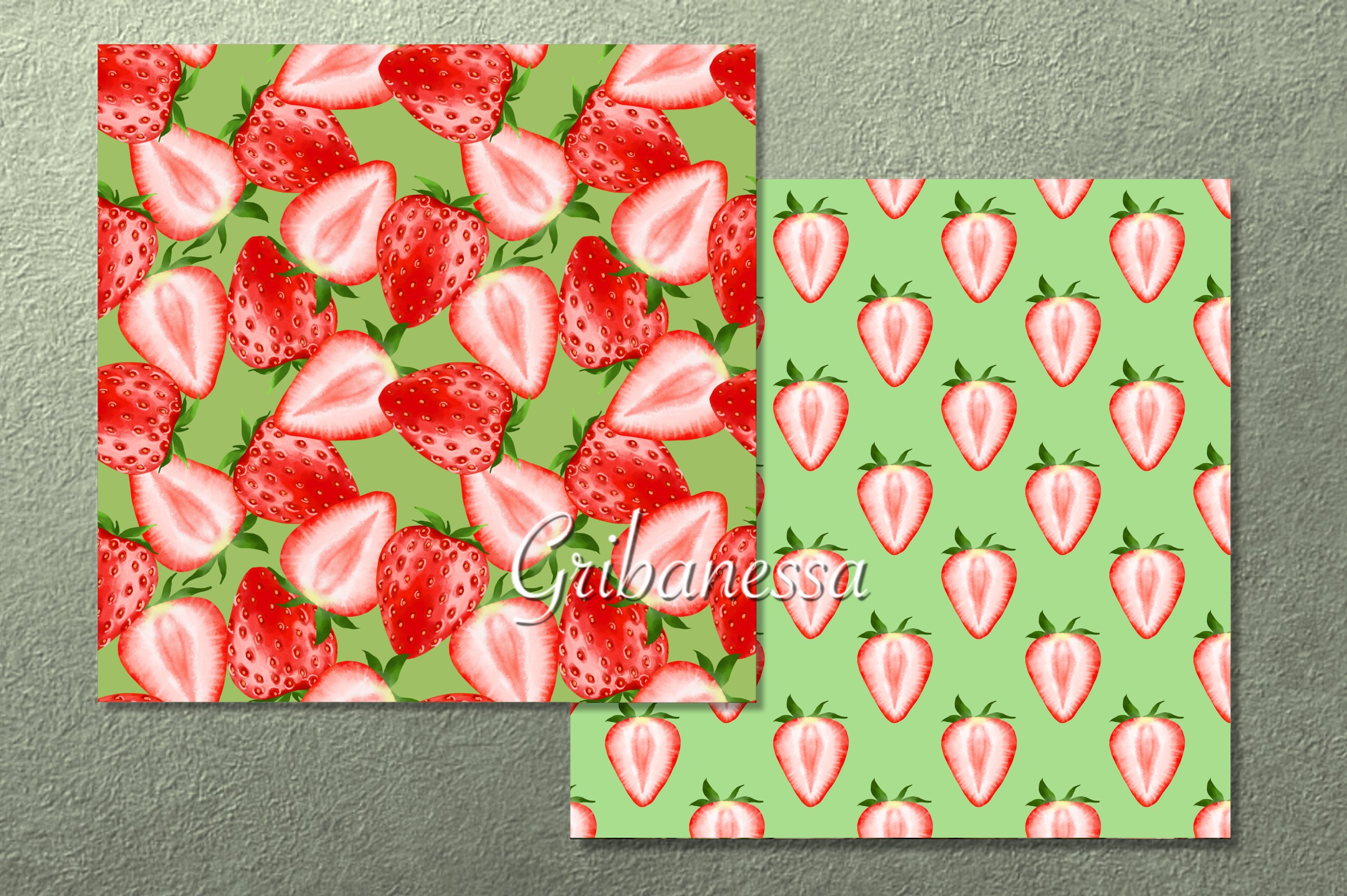 2 different green seamless patterns with strawberry on a gray background.