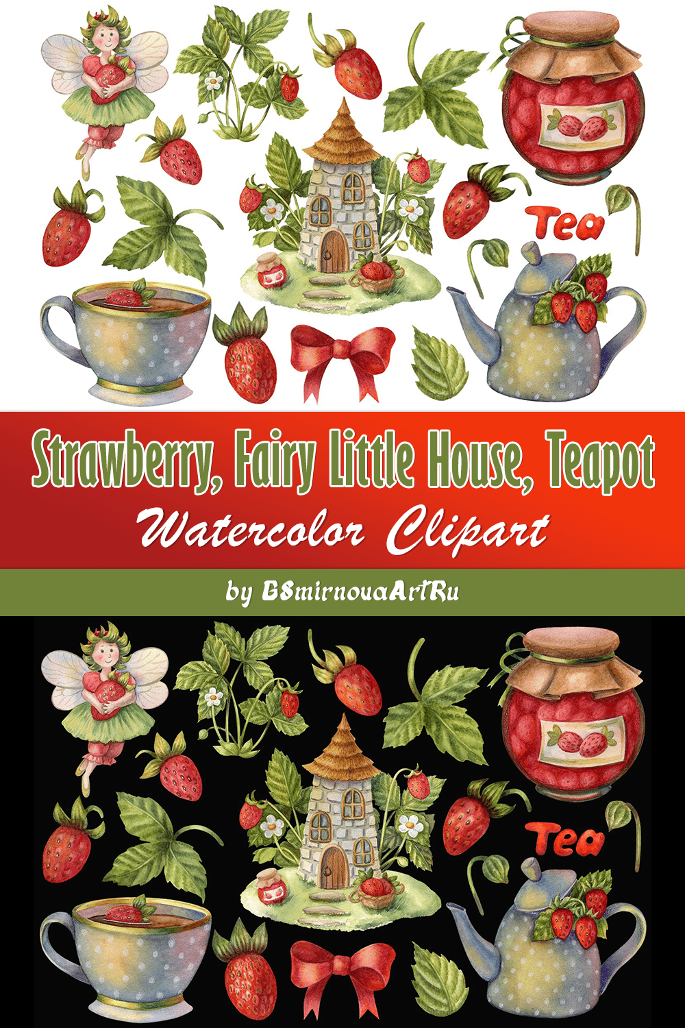Strawberry, Watercolor Clipart, Fairy Little House, Teapot - Pinterest.