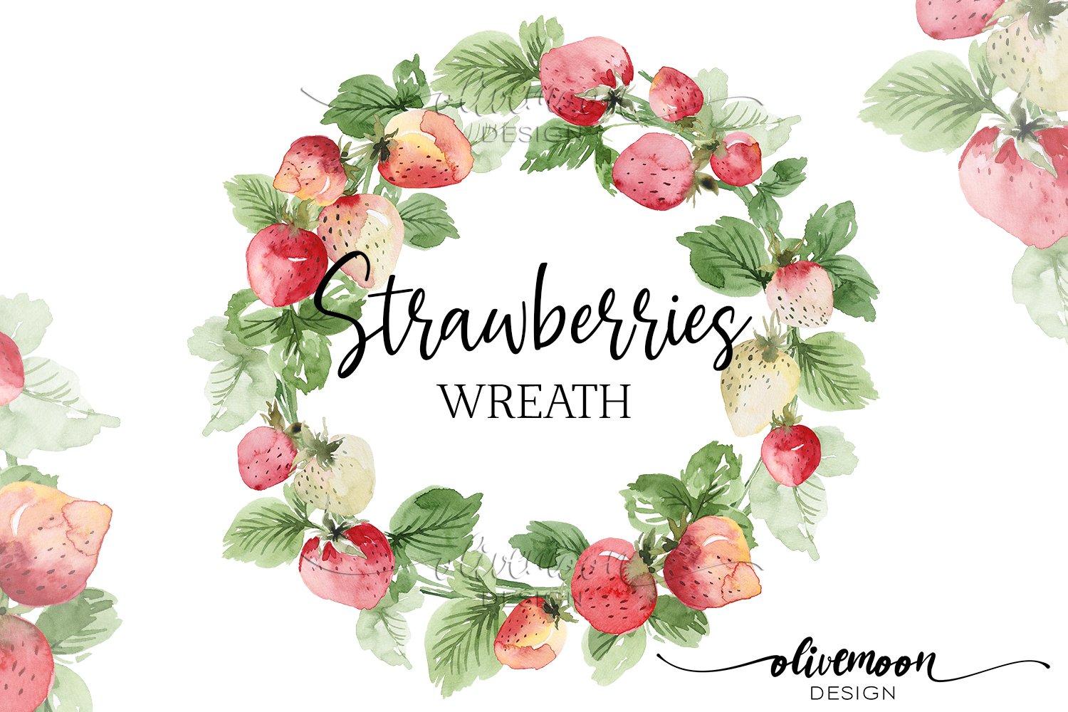 Black lettering "Strawberry Wreath" and illustration of a strawberry wreath.