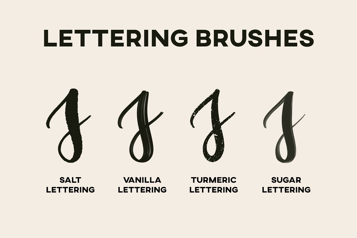 4 different black lettering brushes - salt, vanilla, turmeric and sugar.