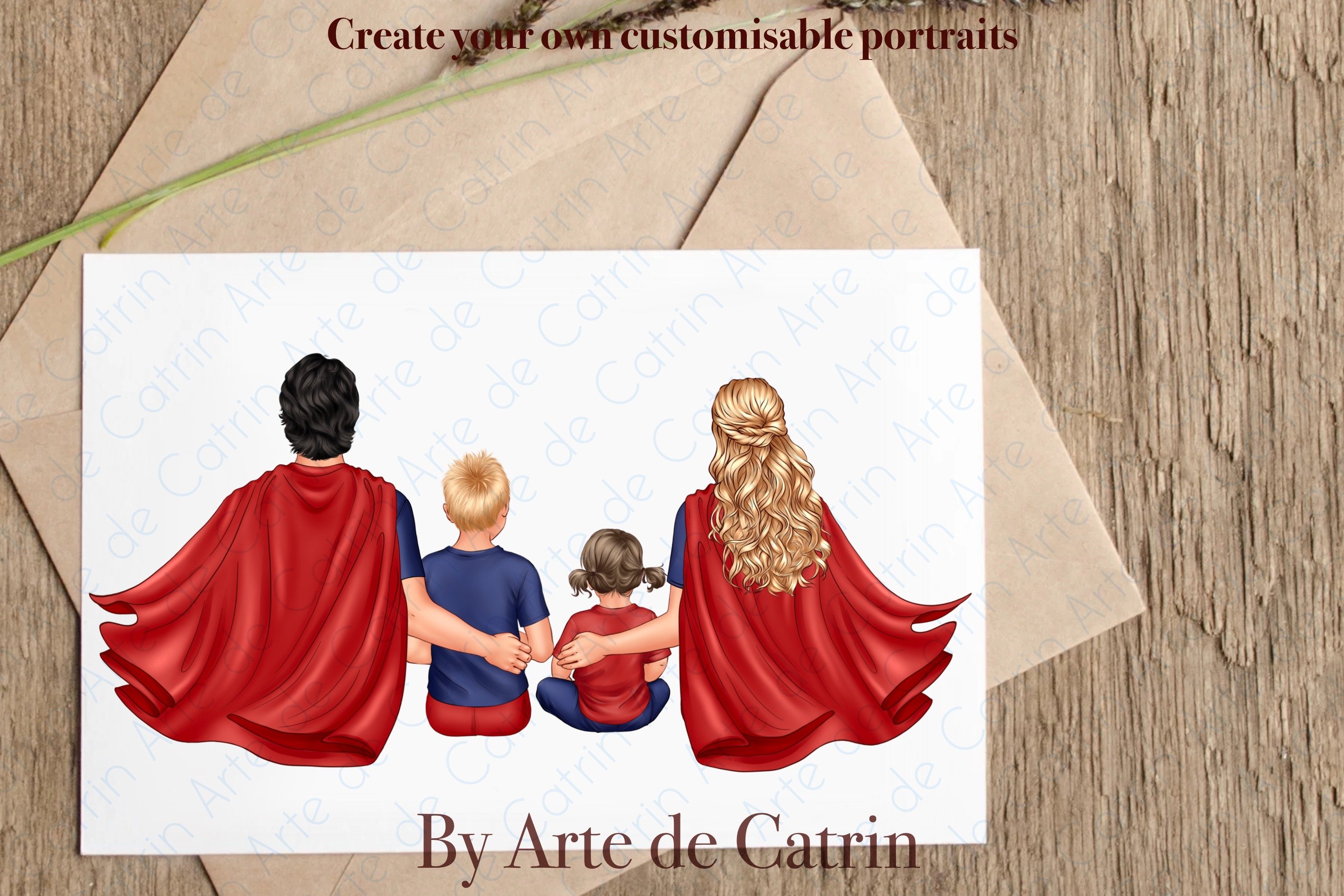 White paper with the super family illustration.