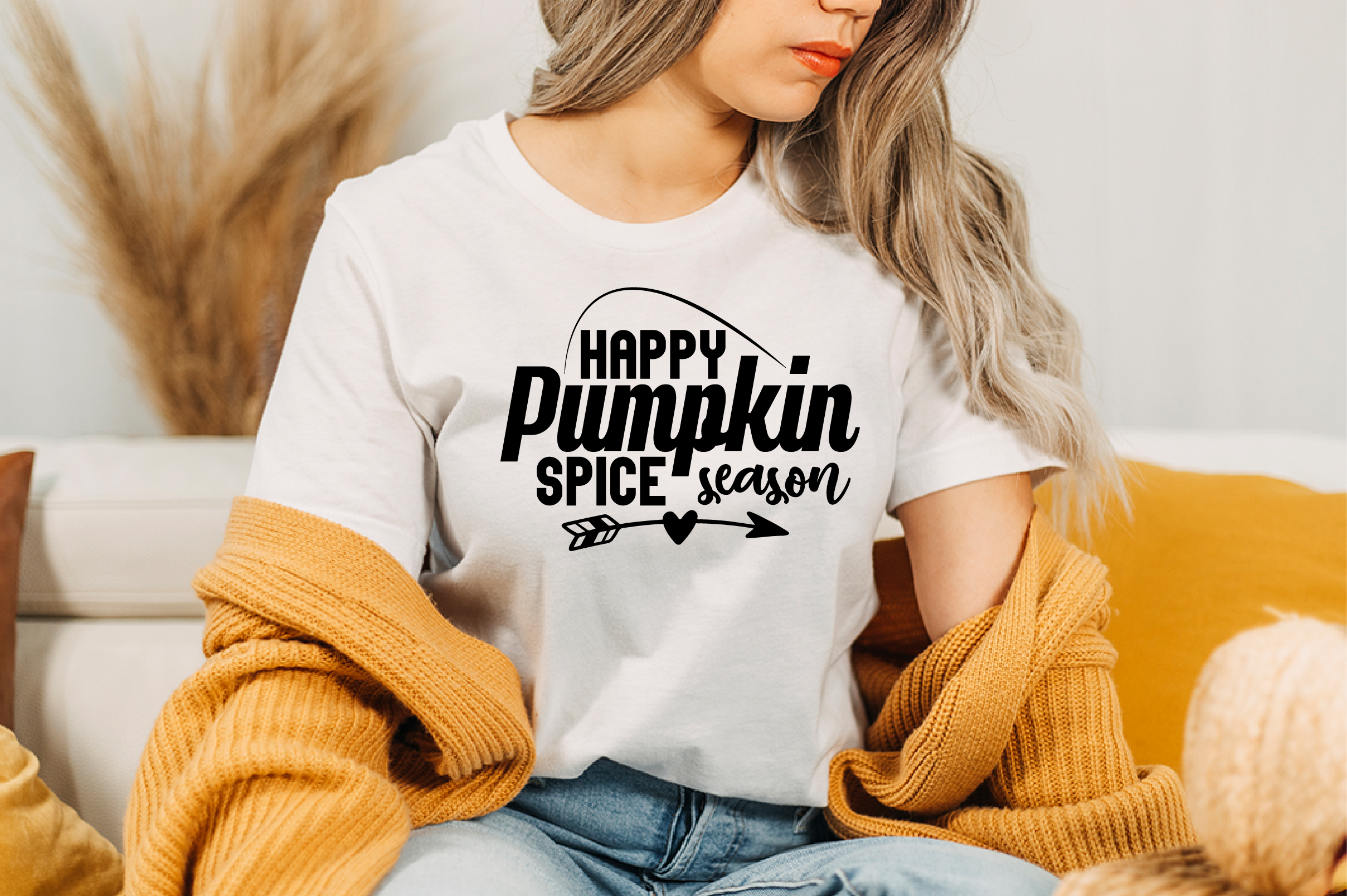 Image of white t-shirt with amazing black lettering happy pumpkin spice season.