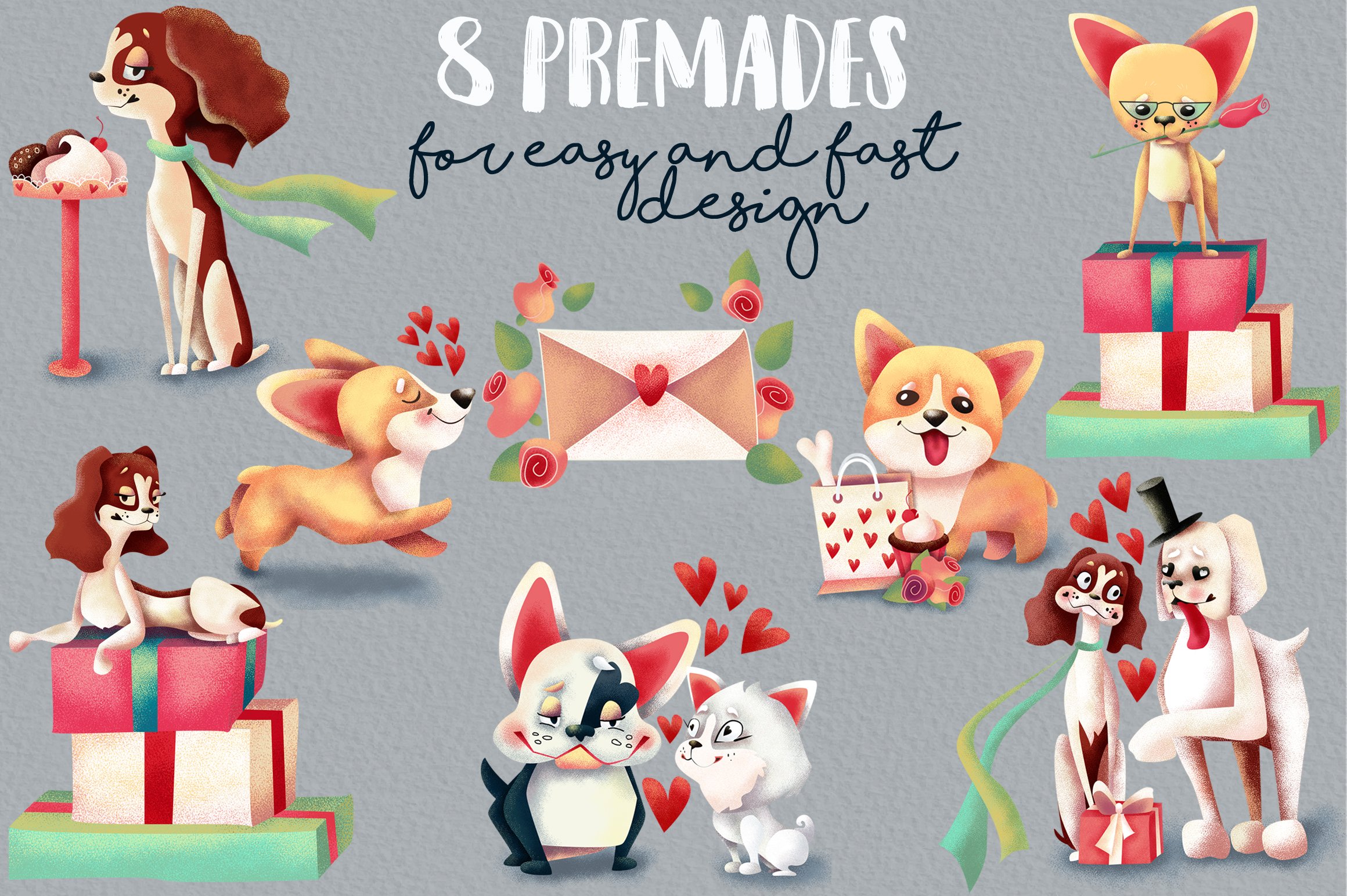 Pre-made dog illustrations.