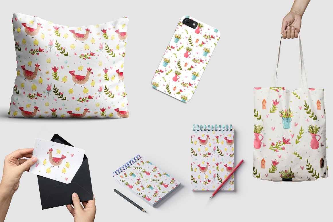 A white set of pillow, iphone case, shopping bag, spiral notebooks and card with black envelope, with easter illustrations.