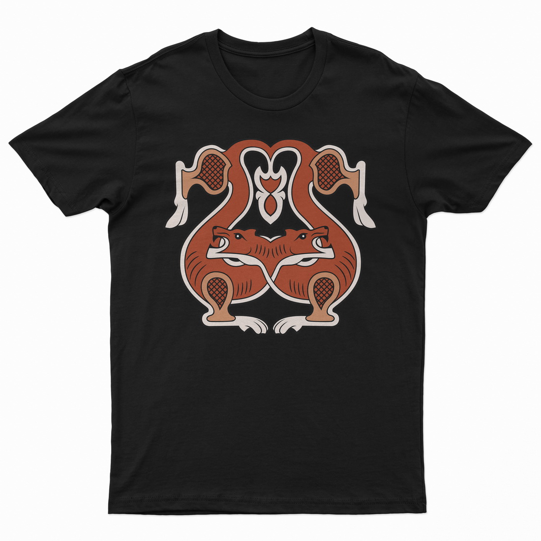 Black t - shirt with an orange and white design.