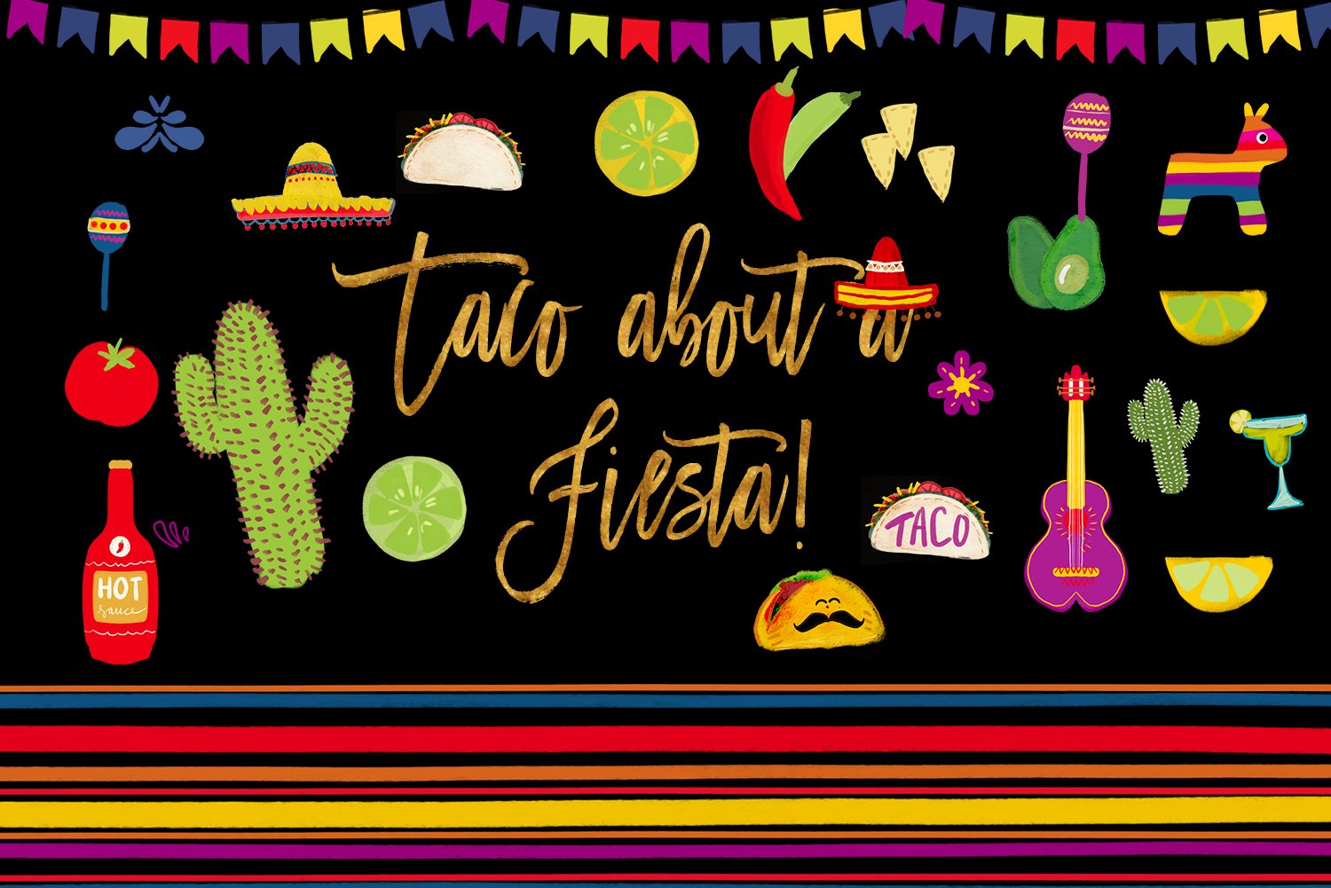 Black background with the bright and multicolor fiesta elements.