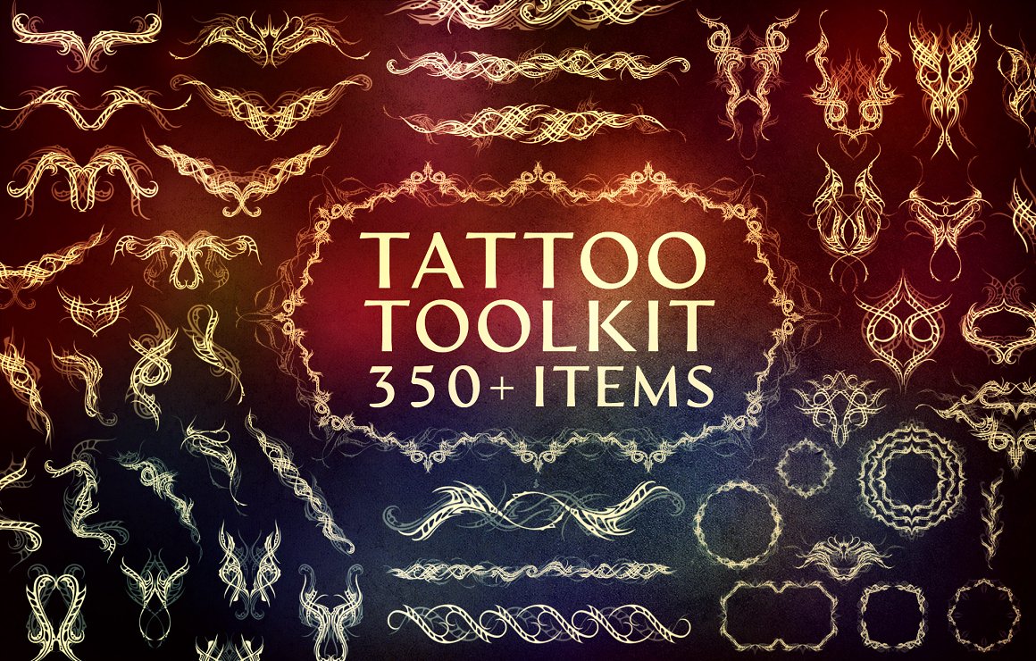 Beige lettering "Tattoo Toolkit 350 + Items" on a brown background with different illustrations.