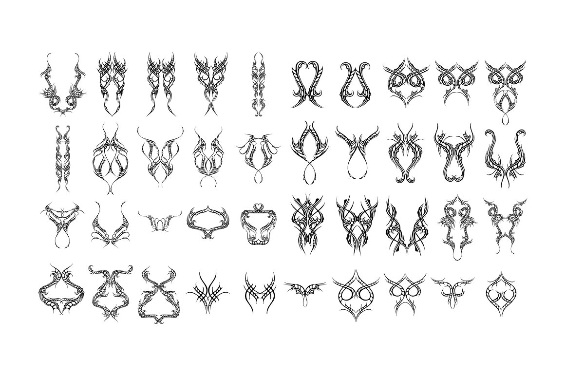 A set of 40 symmetric black tattoo designs on a white background.
