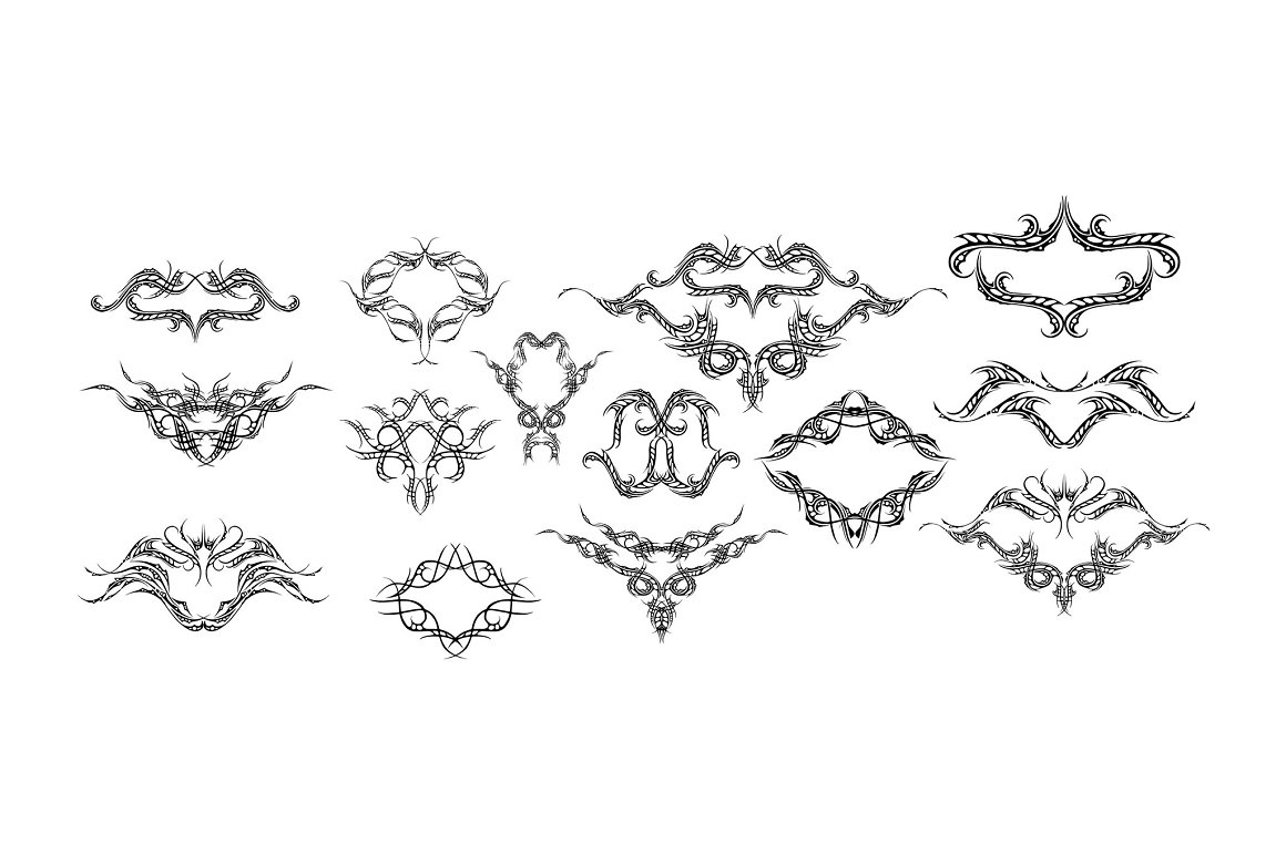 14 black combos tattoo designs on a white background.