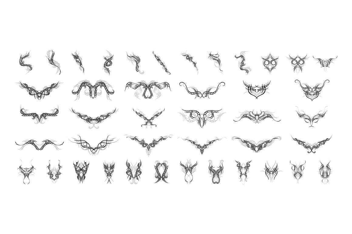 Bundle of different black shadowed tattoo designs on a white background.