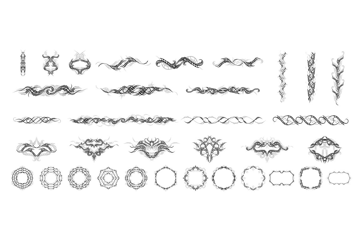 A set of different black shadowed tattoo designs on a white background.